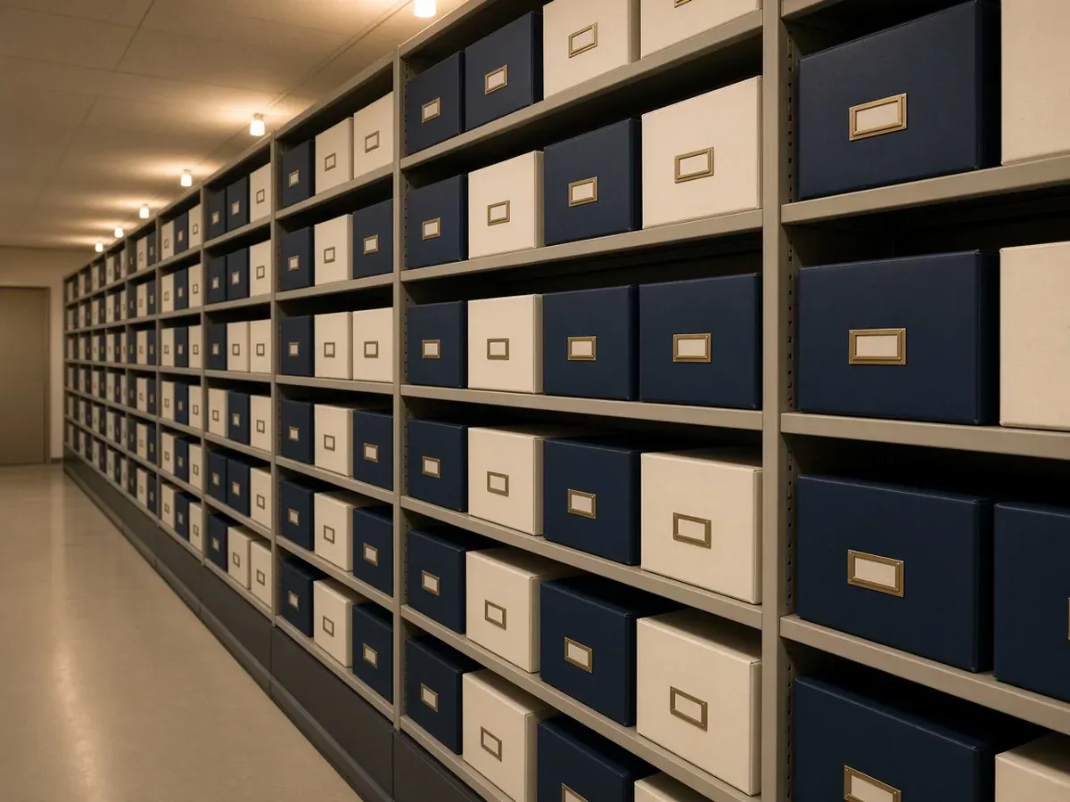 An orderly archive of record boxes
